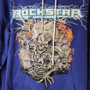 Rockstar Original Hoodie sz Large Skull Crawling out of Grave Bats Halloween